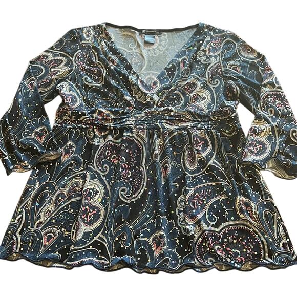 INC International Concepts Blue Paisley Print Knit Top Sparkle Dots Size Lg Y2K - Picture 4 of 11